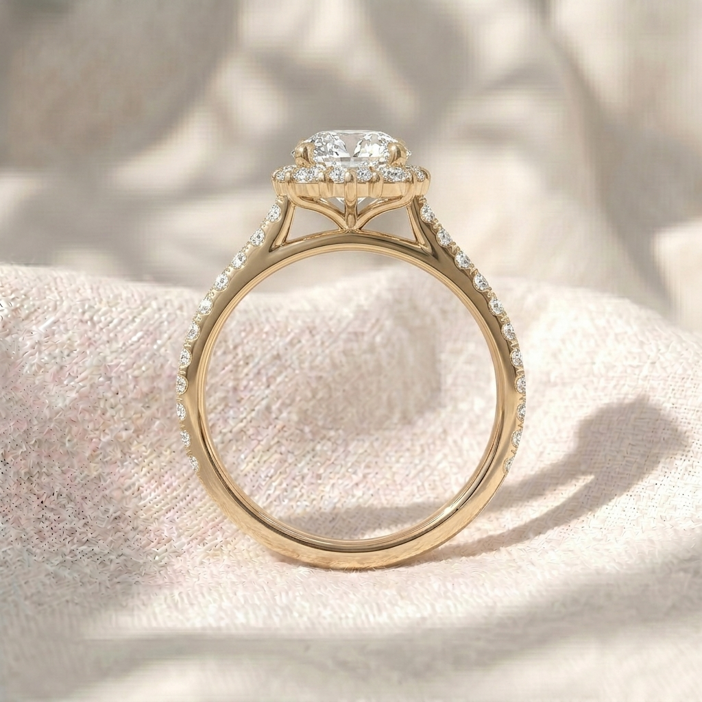 round cut lab grown diamond engagement ring, vintage floral sunburst halo ring, pavé diamond band, unique solid gold anniversary ring for her