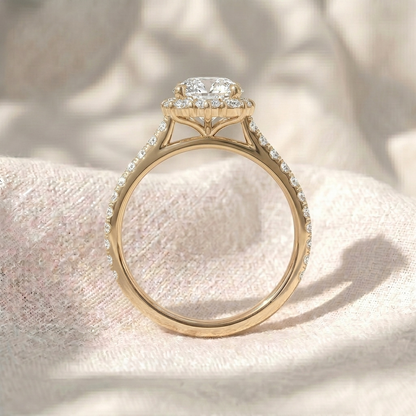 Round Cut Lab Grown Diamond Engagement Ring, Vintage Floral Sunburst Halo Ring, Pavé Diamond Band, Unique Solid Gold Anniversary Ring For Her
