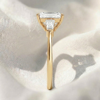 Emerald Cut Lab Grown Diamond Three Stone Engagement Ring with Tapered Baguette Side Stones