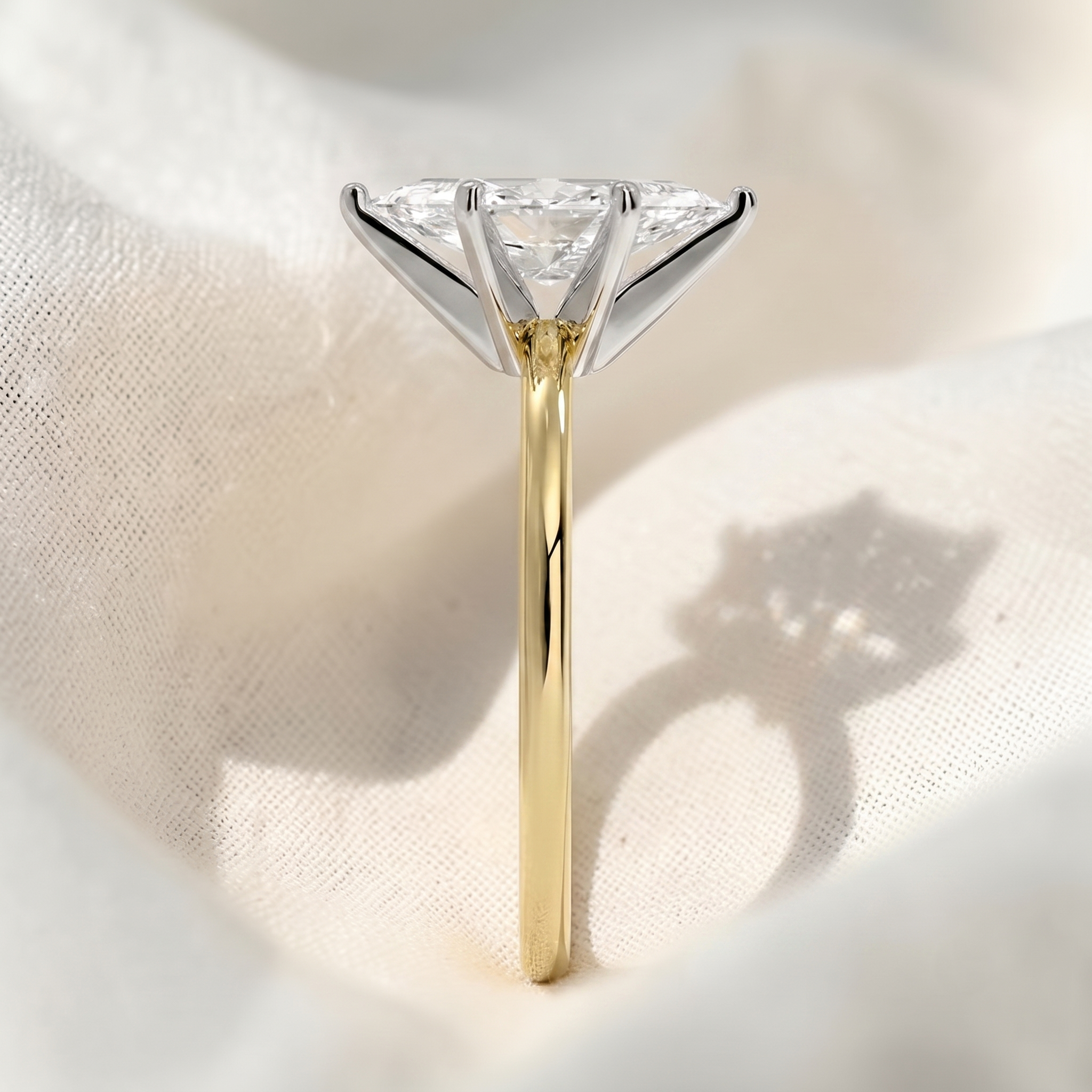 Two Tone Marquise Cut Lab Grown Diamond Solitaire Cathedral Engagement Ring