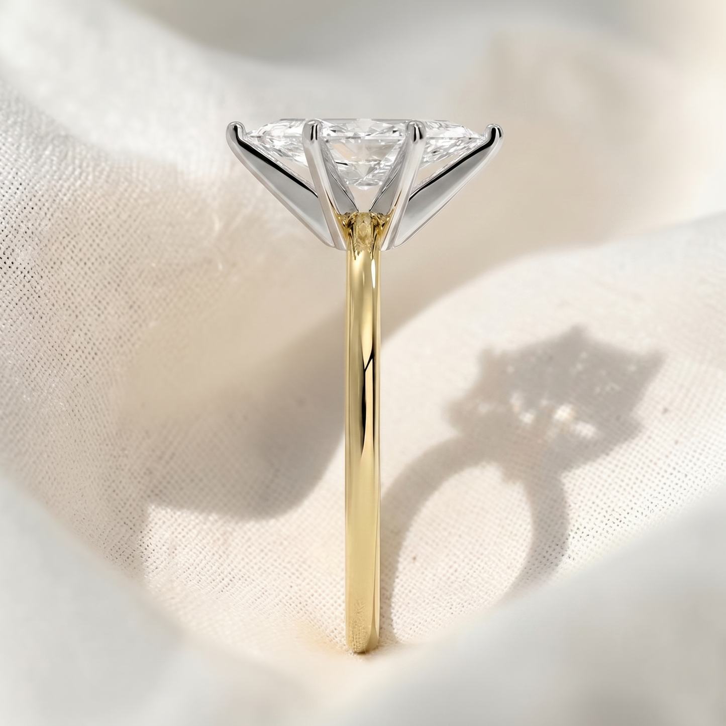 two tone marquise cut lab grown diamond solitaire cathedral engagement ring