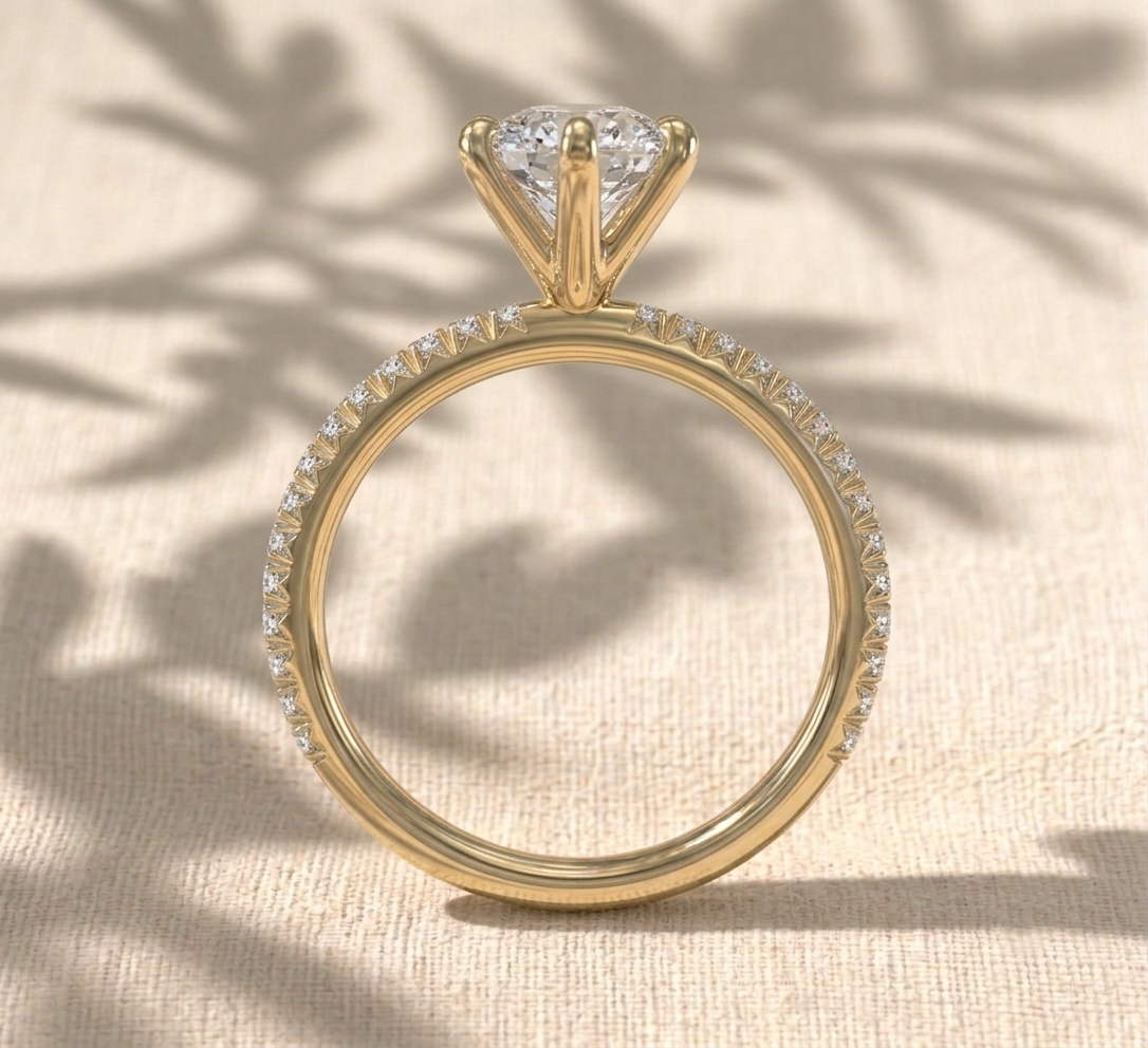 round cut lab grown diamond engagement ring, 6 prong solitaire ring, pave diamond band, scalloped accent ring, solid gold anniversary gift for her