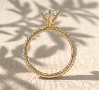 Round Cut Lab Grown Diamond Engagement Ring, 6 Prong Solitaire Ring, Pave Diamond Band, Scalloped Accent Ring, Solid Gold Anniversary Gift For Her