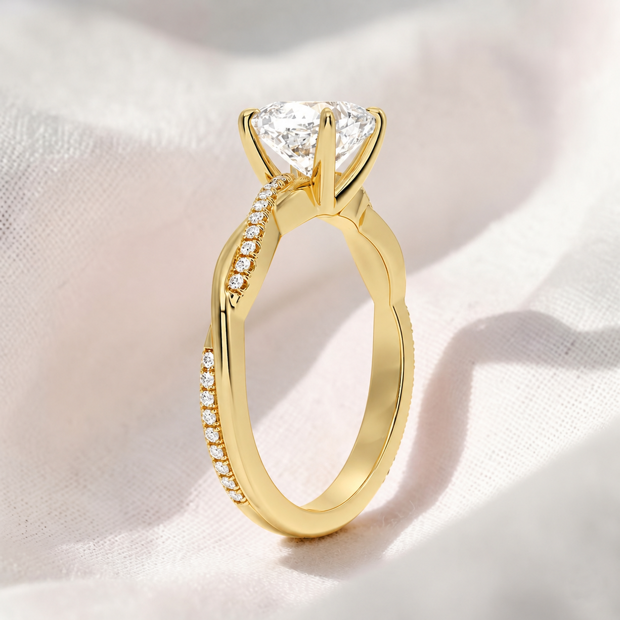 Twisted Band Round Lab Grown Diamond Engagement Ring in Gold – Pavé Crossover Ring