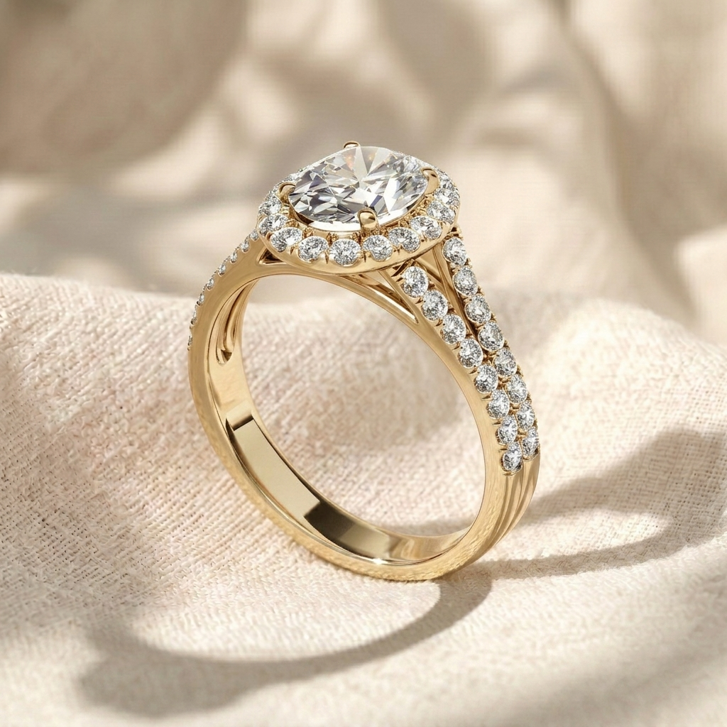 oval cut lab grown diamond engagement ring, split shank halo ring, double row pavé band ring, unique solid gold anniversary gift for her