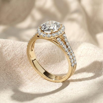 Oval Cut Lab Grown Diamond Engagement Ring, Split Shank Halo Ring, Double Row Pavé Band Ring, Unique Solid Gold Anniversary Gift For Her