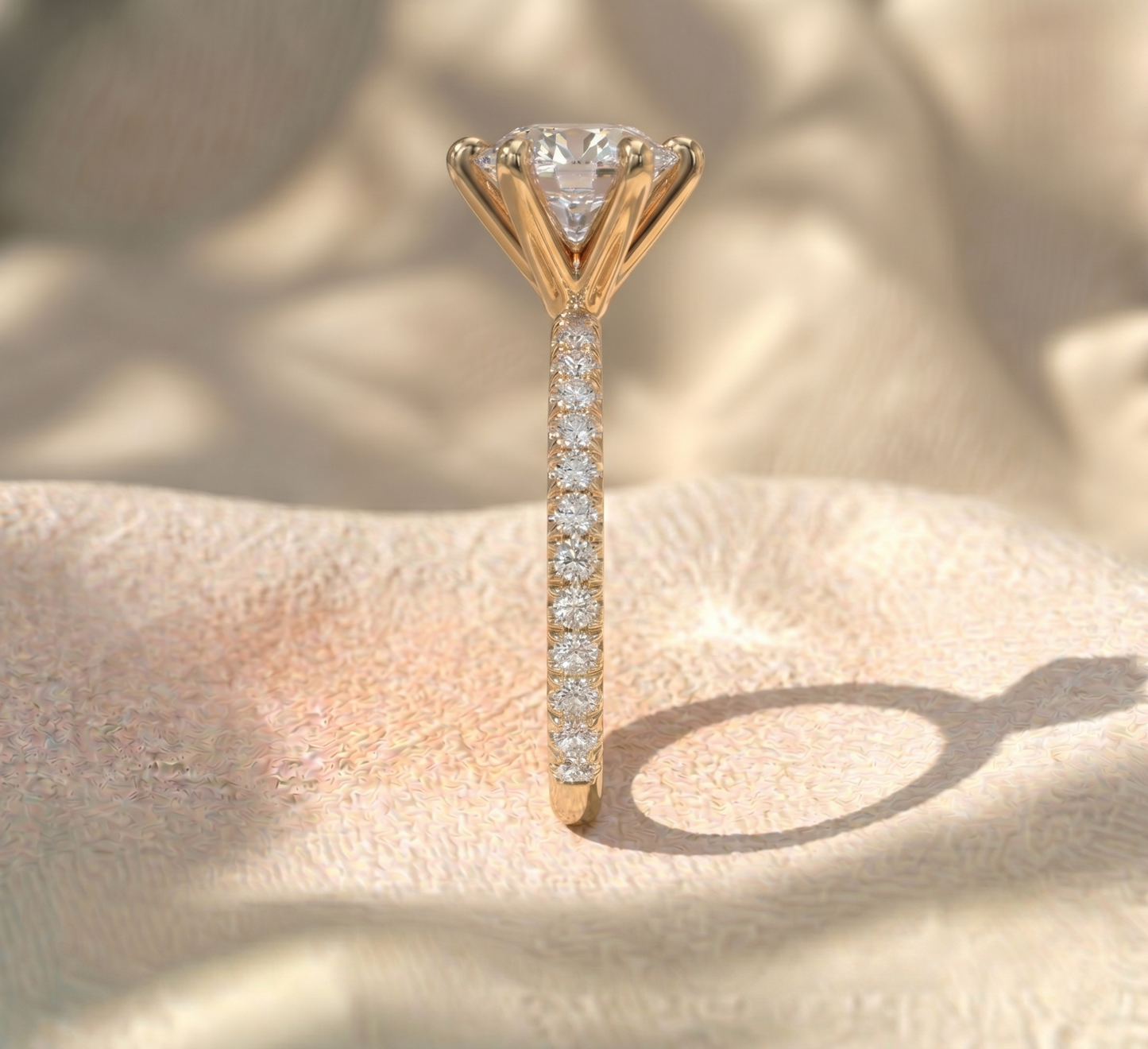 round cut lab grown diamond engagement ring, 6 prong solitaire ring, pave diamond band, scalloped accent ring, solid gold anniversary gift for her