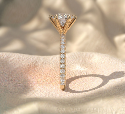 Round Cut Lab Grown Diamond Engagement Ring, 6 Prong Solitaire Ring, Pave Diamond Band, Scalloped Accent Ring, Solid Gold Anniversary Gift For Her