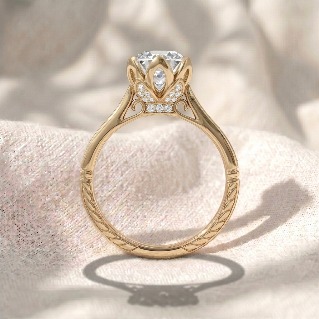 vintage round cut lab grown diamond engagement ring, petal prongs lotus setting ring, channel set diamond band, unique antique anniversary ring for her