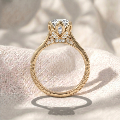 Vintage Round Cut Lab Grown Diamond Engagement Ring, Petal Prongs Lotus Setting Ring, Channel Set Diamond Band, Unique Antique Anniversary Ring For Her