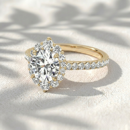 Round Cut Lab Grown Diamond Engagement Ring, Vintage Floral Sunburst Halo Ring, Pavé Diamond Band, Unique Solid Gold Anniversary Ring For Her