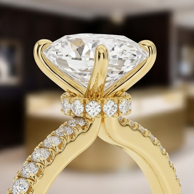 Oval Lab Grown Diamond Pavé Engagement Ring in Gold – Four Prong Solitaire with Hidden Halo