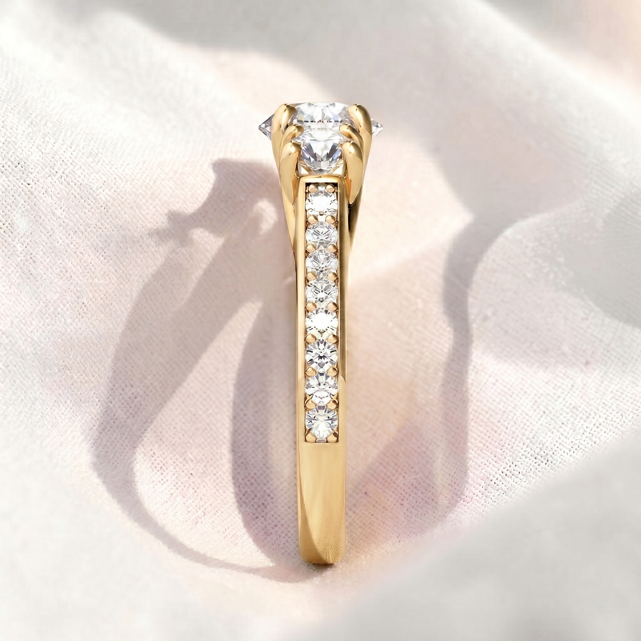 Round Lab Grown Diamond Three Stone Engagement Ring with Pavé Band