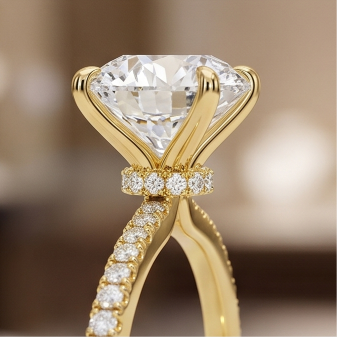 Round Lab Grown Diamond Pavé Engagement Ring in Gold – Four Prong Solitaire with Hidden Halo