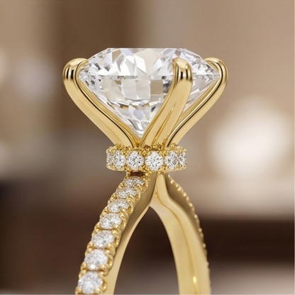 Round Lab Grown Diamond Pavé Engagement Ring in Gold – Four Prong Solitaire with Hidden Halo