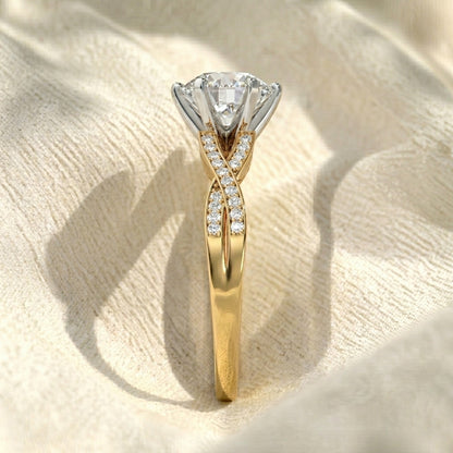 Round Cut Lab Grown Diamond Engagement Ring, Twisted Pave Band Solitaire Ring, Two Tone Gold Split Shank Ring, Unique Anniversary Gift For Her
