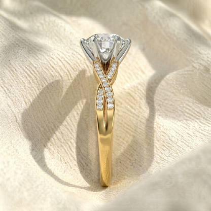 Round Cut Lab Grown Diamond Engagement Ring, Twisted Pave Band Solitaire Ring, Two Tone Gold Split Shank Ring, Unique Anniversary Gift For Her