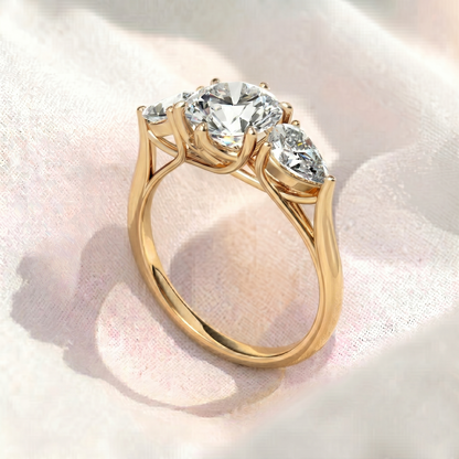 Round Lab Diamond Pear Side Stones Three Stone Engagement Ring