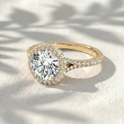 Round Cut Lab Grown Diamond Halo Engagement Ring, Split Shank Pave Diamond Ring, Double Row Halo Ring, Solid Gold Unique Anniversary Gift For Her