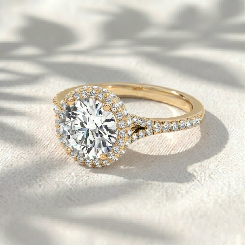 round cut lab grown diamond halo engagement ring, split shank pave diamond ring, double row halo ring, solid gold unique anniversary gift for her