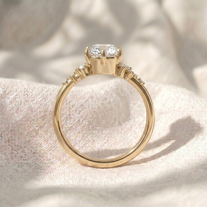 Round Cut Lab Grown Diamond Engagement Ring, Cluster Side Stones Solitaire Ring, Asymmetrical Diamond Band, Unique Solid Gold Anniversary Gift For Her
