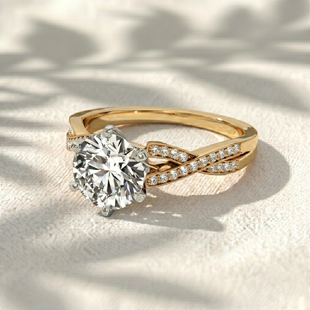 round cut lab grown diamond engagement ring, twisted pave band solitaire ring, two tone gold split shank ring, unique anniversary gift for her