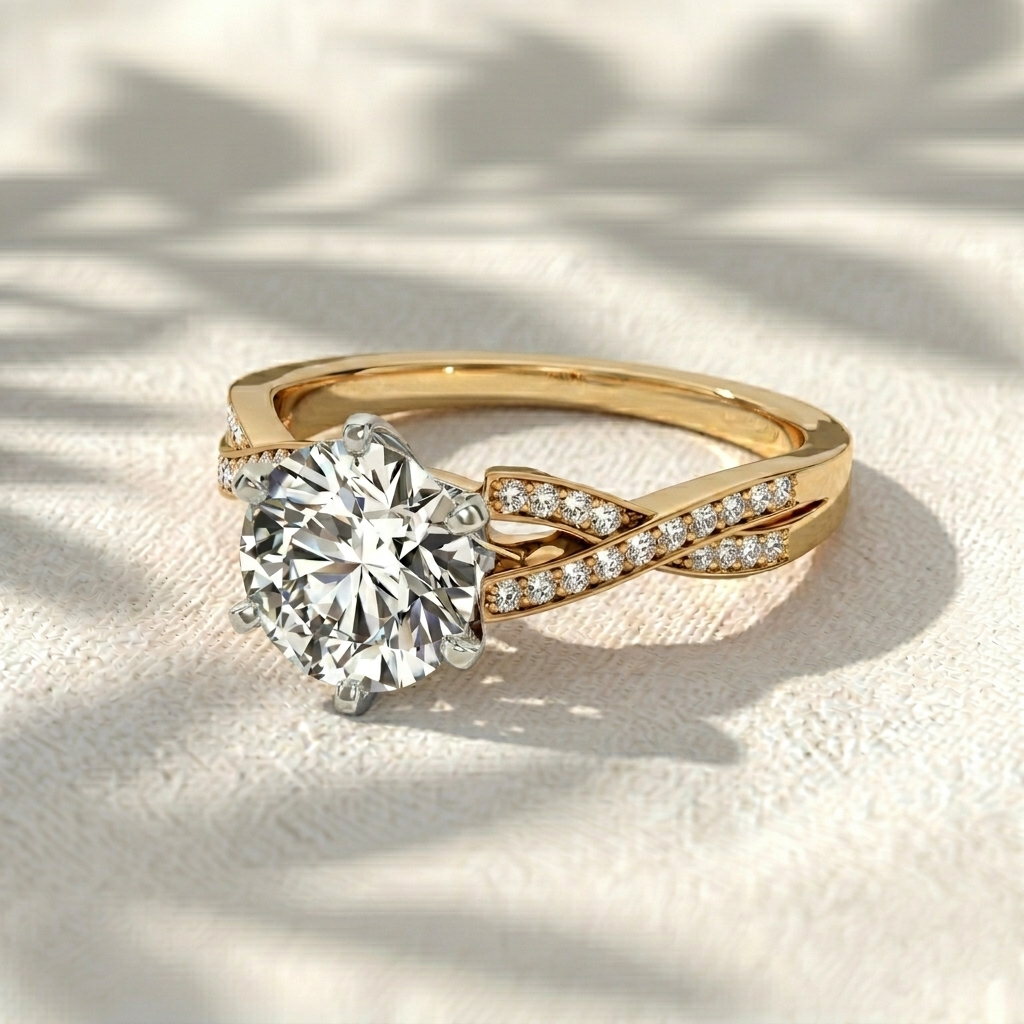 round cut lab grown diamond engagement ring, twisted pave band solitaire ring, two tone gold split shank ring, unique anniversary gift for her