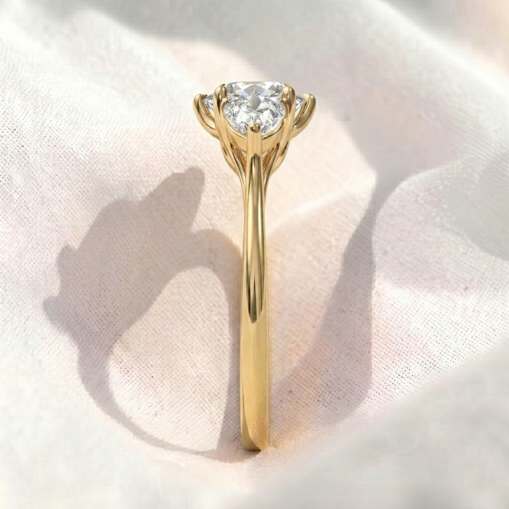 round lab diamond pear side stones three stone engagement ring