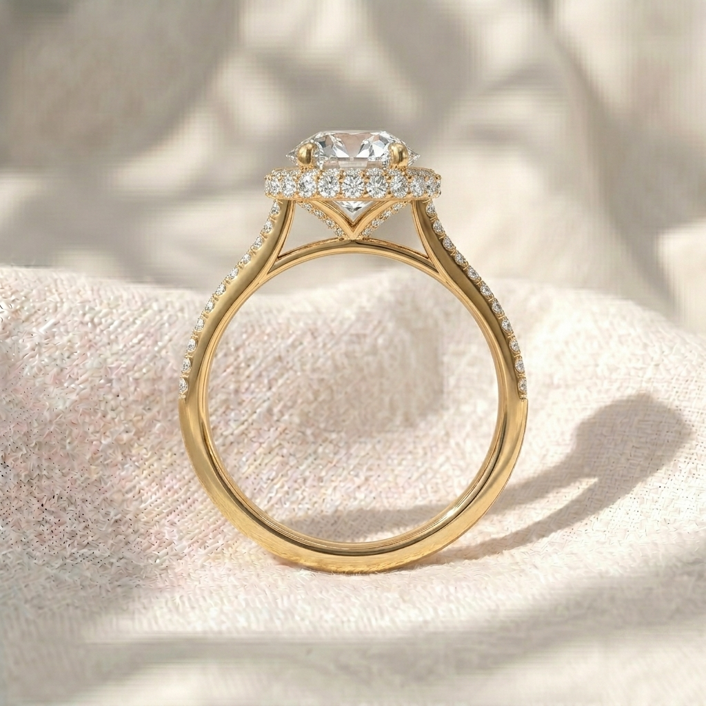 round cut lab grown diamond halo engagement ring, split shank pave diamond ring, double row halo ring, solid gold unique anniversary gift for her