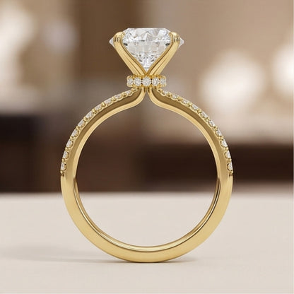 Round Lab Grown Diamond Pavé Engagement Ring in Gold – Four Prong Solitaire with Hidden Halo