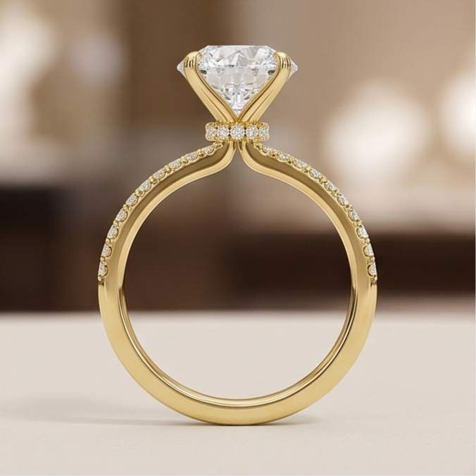Round Lab Grown Diamond Pavé Engagement Ring in Gold – Four Prong Solitaire with Hidden Halo