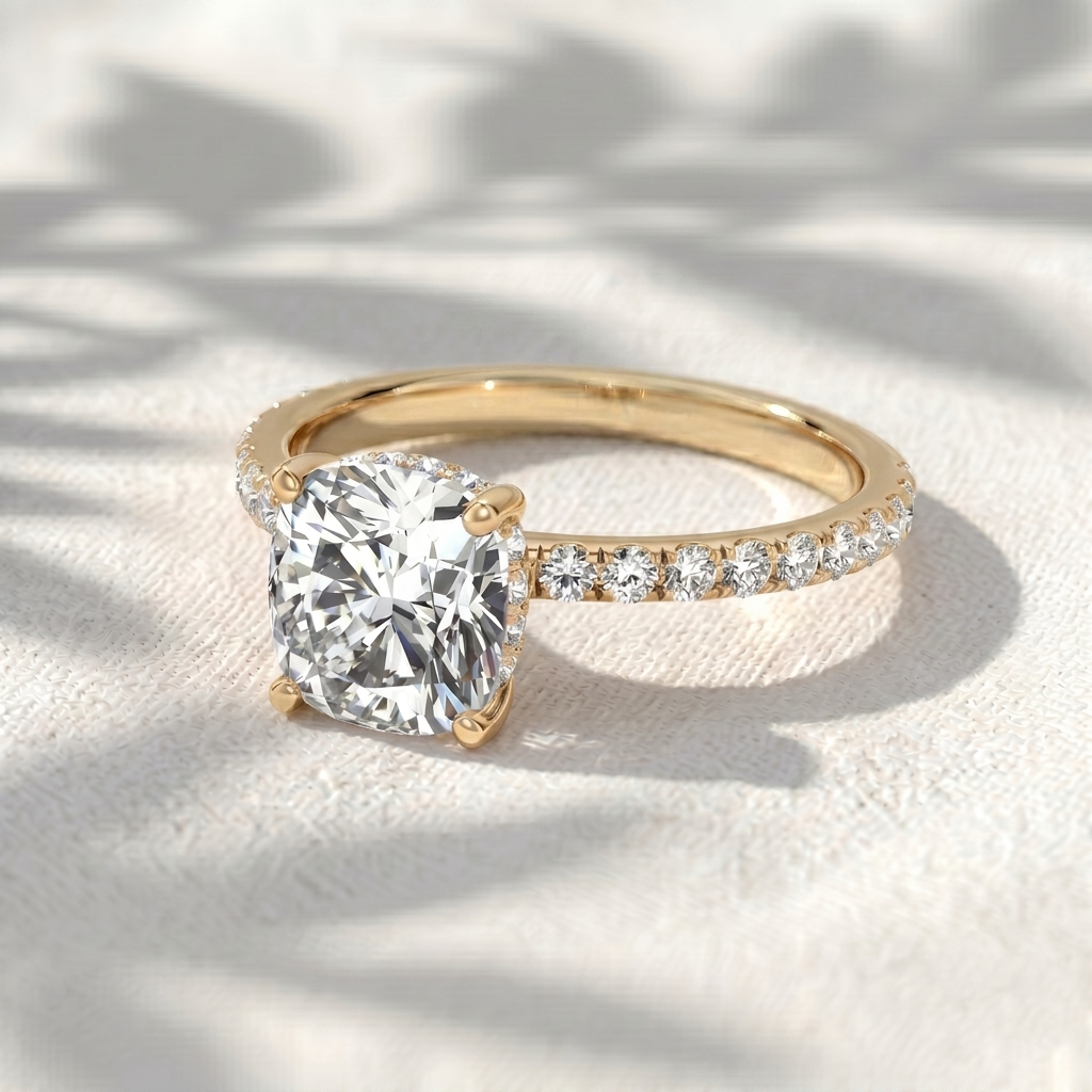 cushion cut hidden halo pavé lab diamond engagement ring