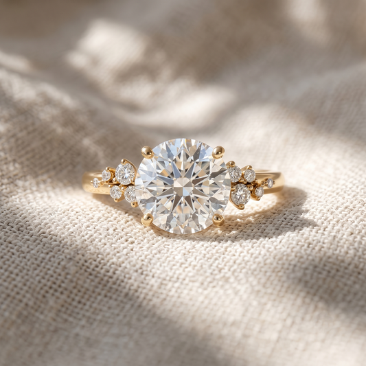 Round Cut Lab Grown Diamond Engagement Ring, Hidden Halo Asymmetric Cluster Ring, Solid Gold Bridal Ring, Unique Vintage Anniversary Gift For Her