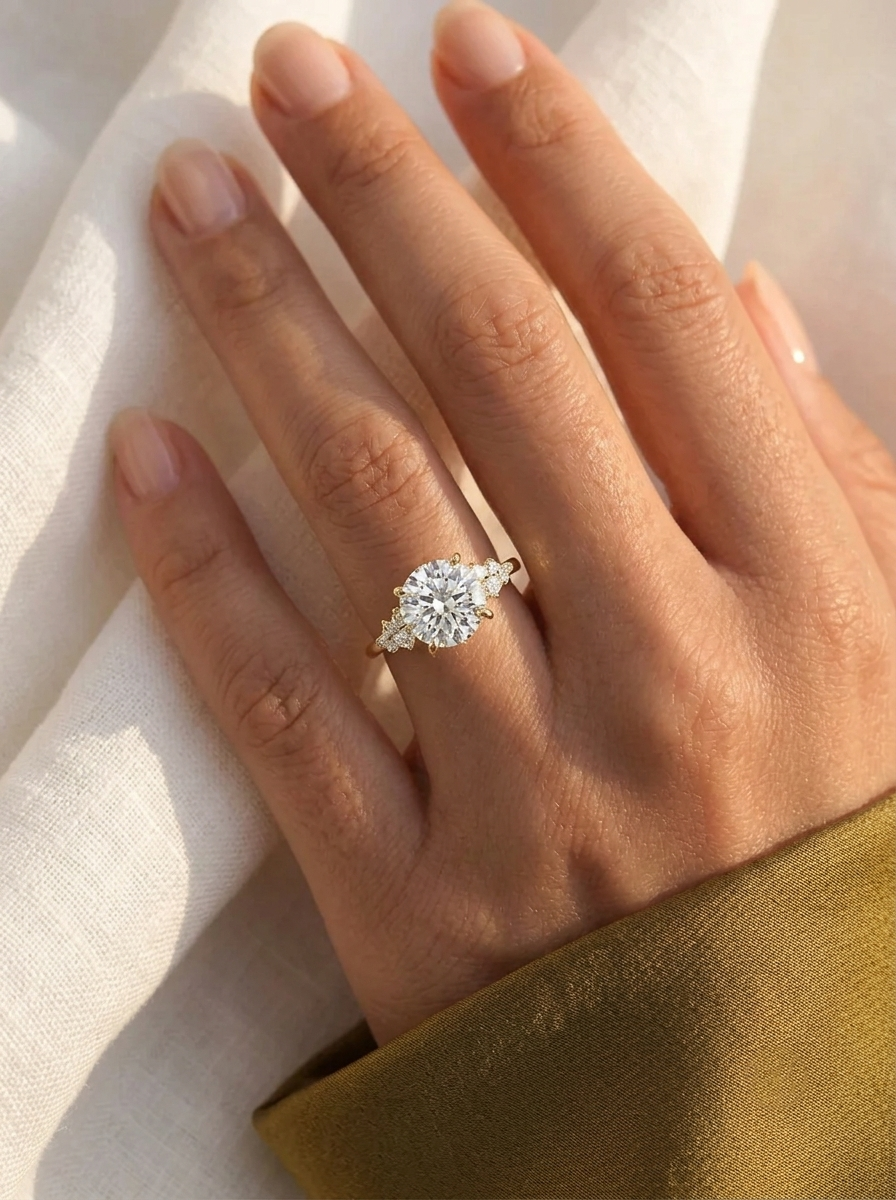 round cut lab grown diamond engagement ring, hidden halo asymmetric cluster ring, solid gold bridal ring, unique vintage anniversary gift for her