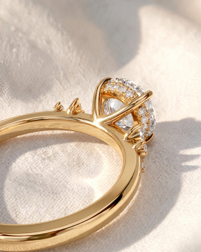 Round Cut Lab Grown Diamond Engagement Ring, Hidden Halo Asymmetric Cluster Ring, Solid Gold Bridal Ring, Unique Vintage Anniversary Gift For Her