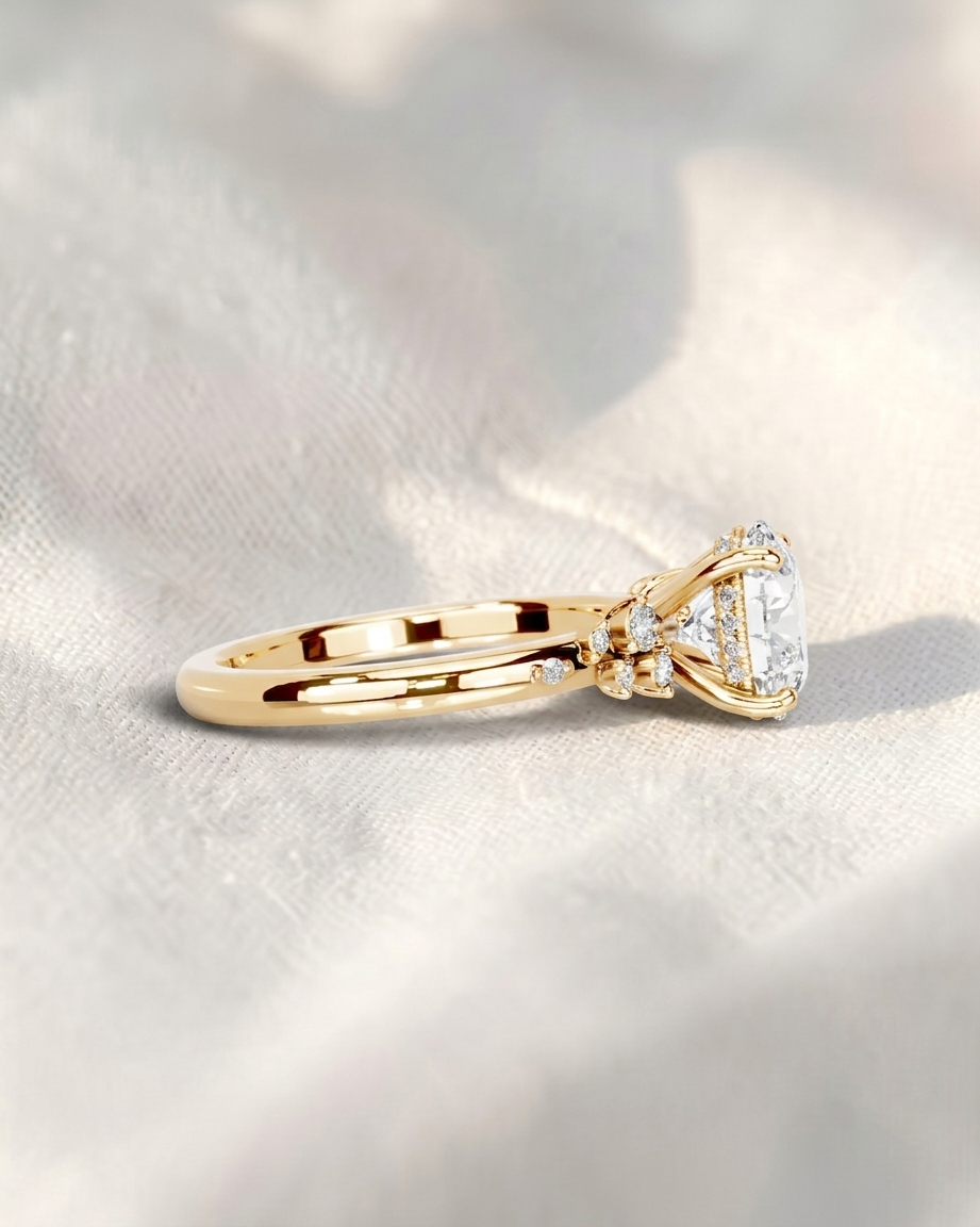 round cut lab grown diamond engagement ring, hidden halo asymmetric cluster ring, solid gold bridal ring, unique vintage anniversary gift for her