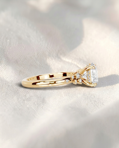 Round Cut Lab Grown Diamond Engagement Ring, Hidden Halo Asymmetric Cluster Ring, Solid Gold Bridal Ring, Unique Vintage Anniversary Gift For Her