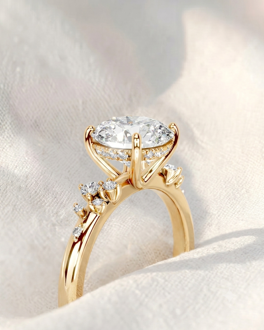 round cut lab grown diamond engagement ring, hidden halo asymmetric cluster ring, solid gold bridal ring, unique vintage anniversary gift for her