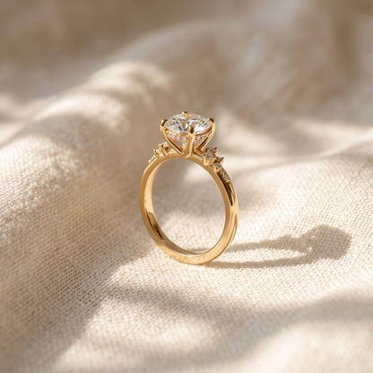 Round Cut Lab Grown Diamond Engagement Ring, Hidden Halo Asymmetric Cluster Ring, Solid Gold Bridal Ring, Unique Vintage Anniversary Gift For Her