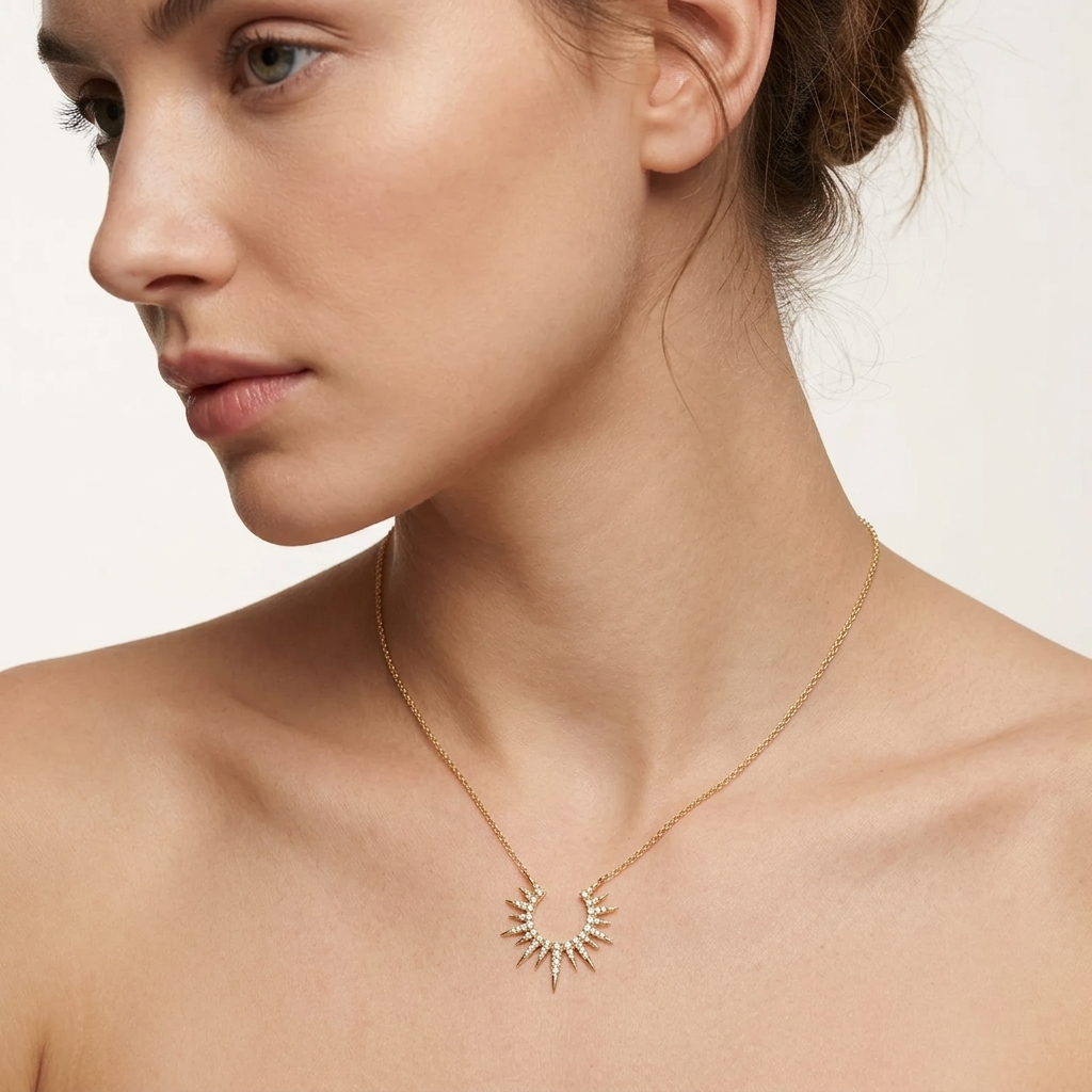 lab grown diamond sunburst crescent pendant necklace in gold