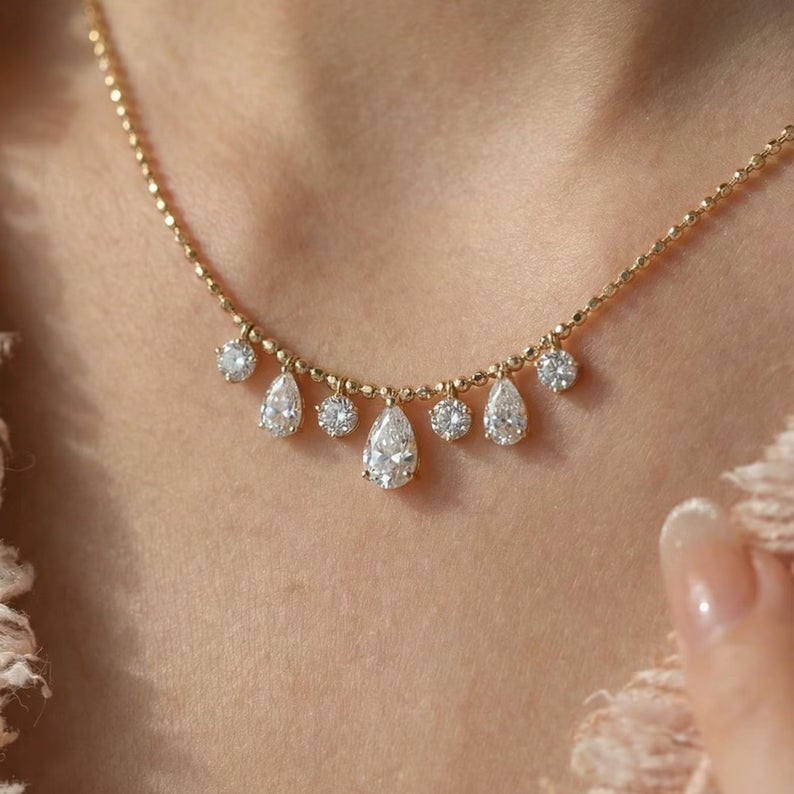 lab grown multi shape diamond fringe necklace in gold