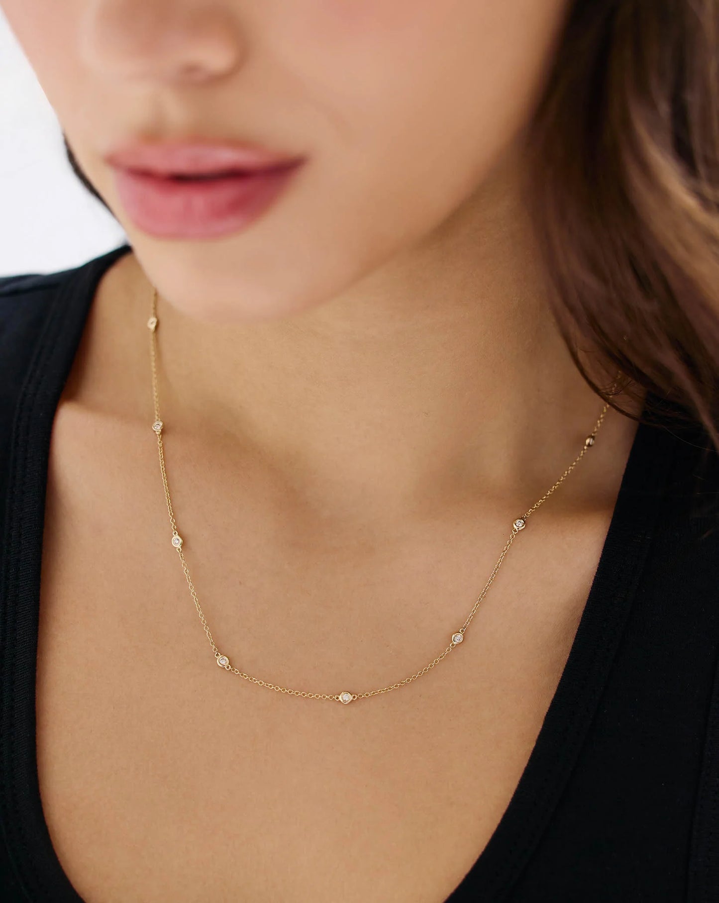 lab grown diamond station necklace, bezel set diamonds by the yard chain