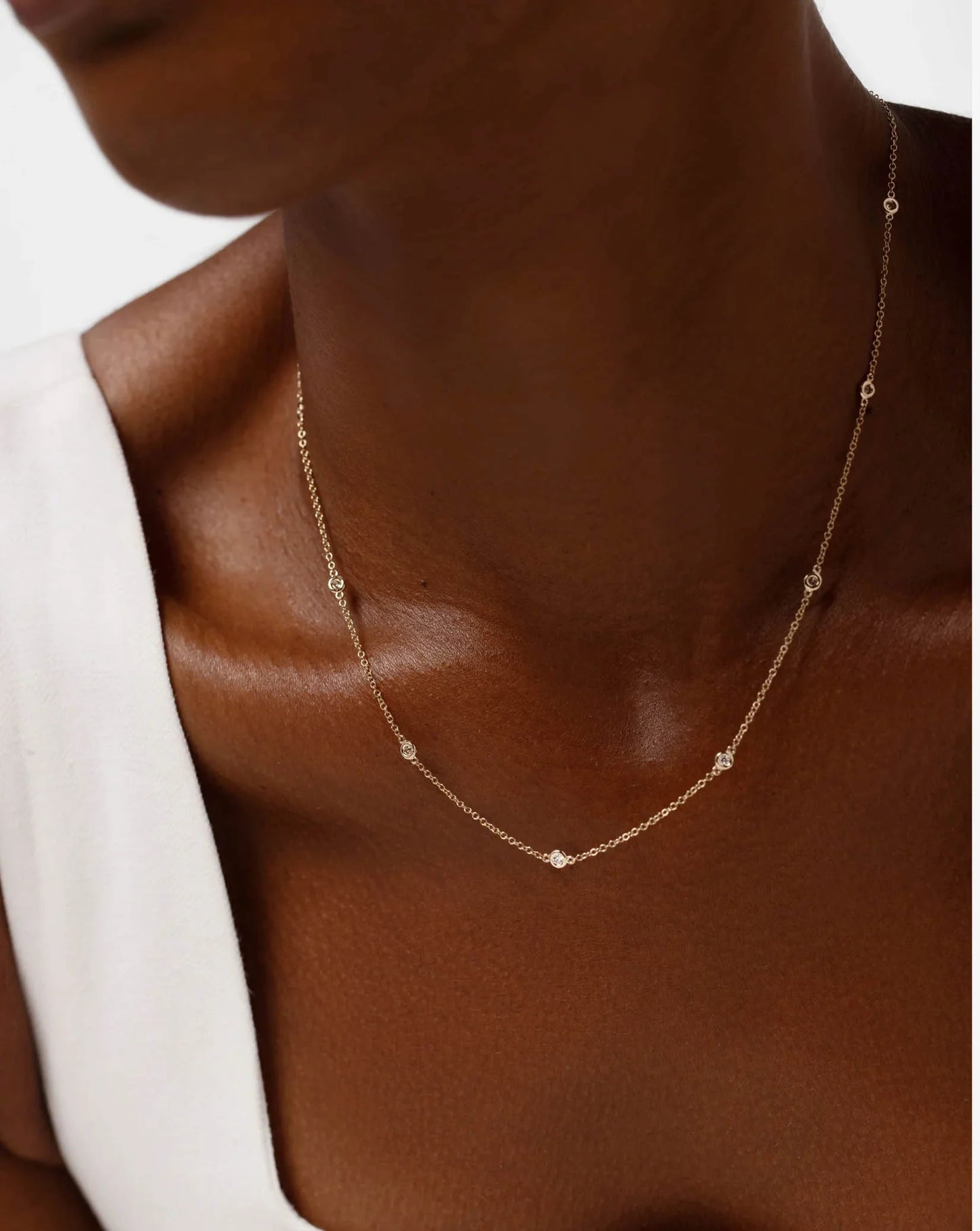 lab grown diamond station necklace, bezel set diamonds by the yard chain