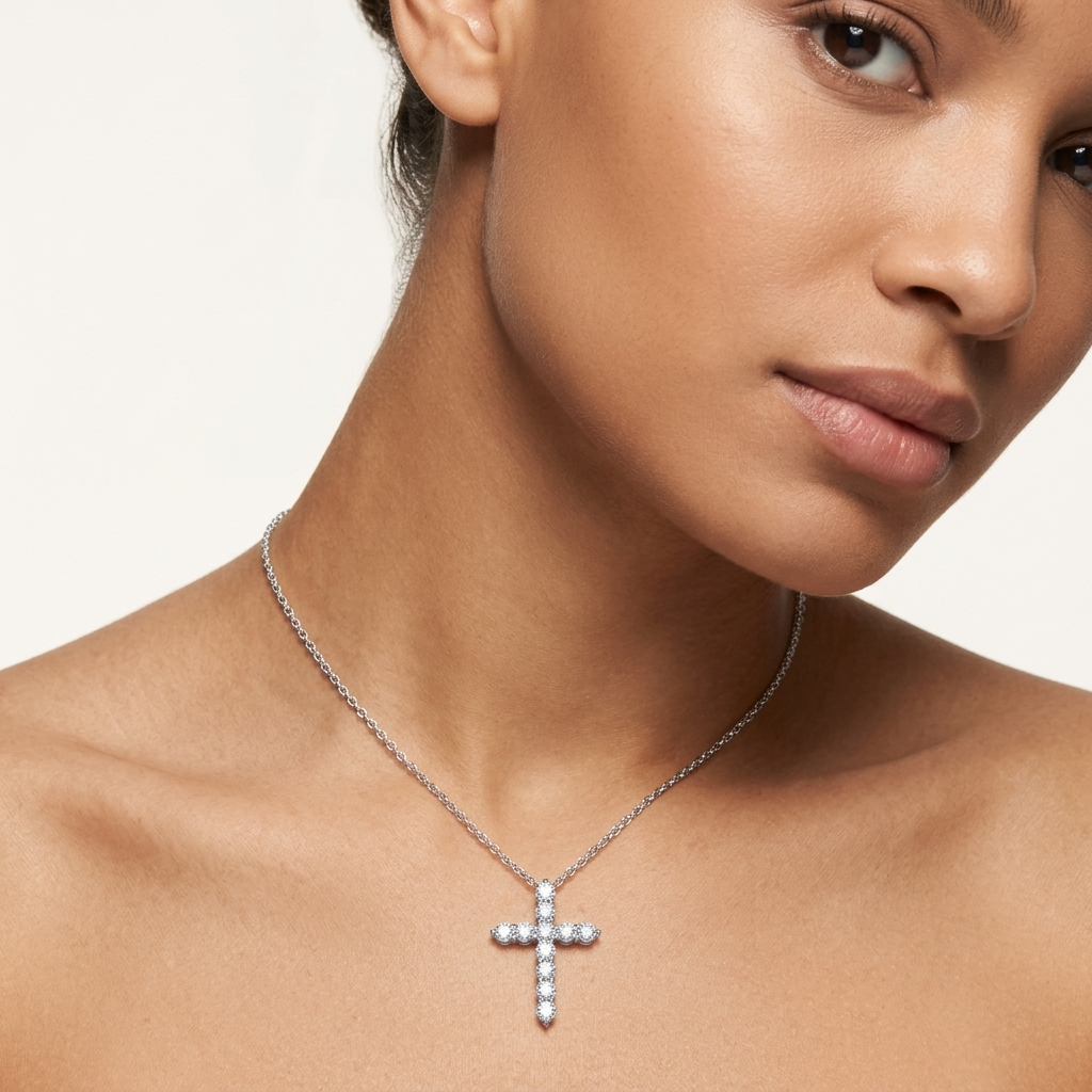 lab grown diamond cross pendant necklace, classic shared prong cross