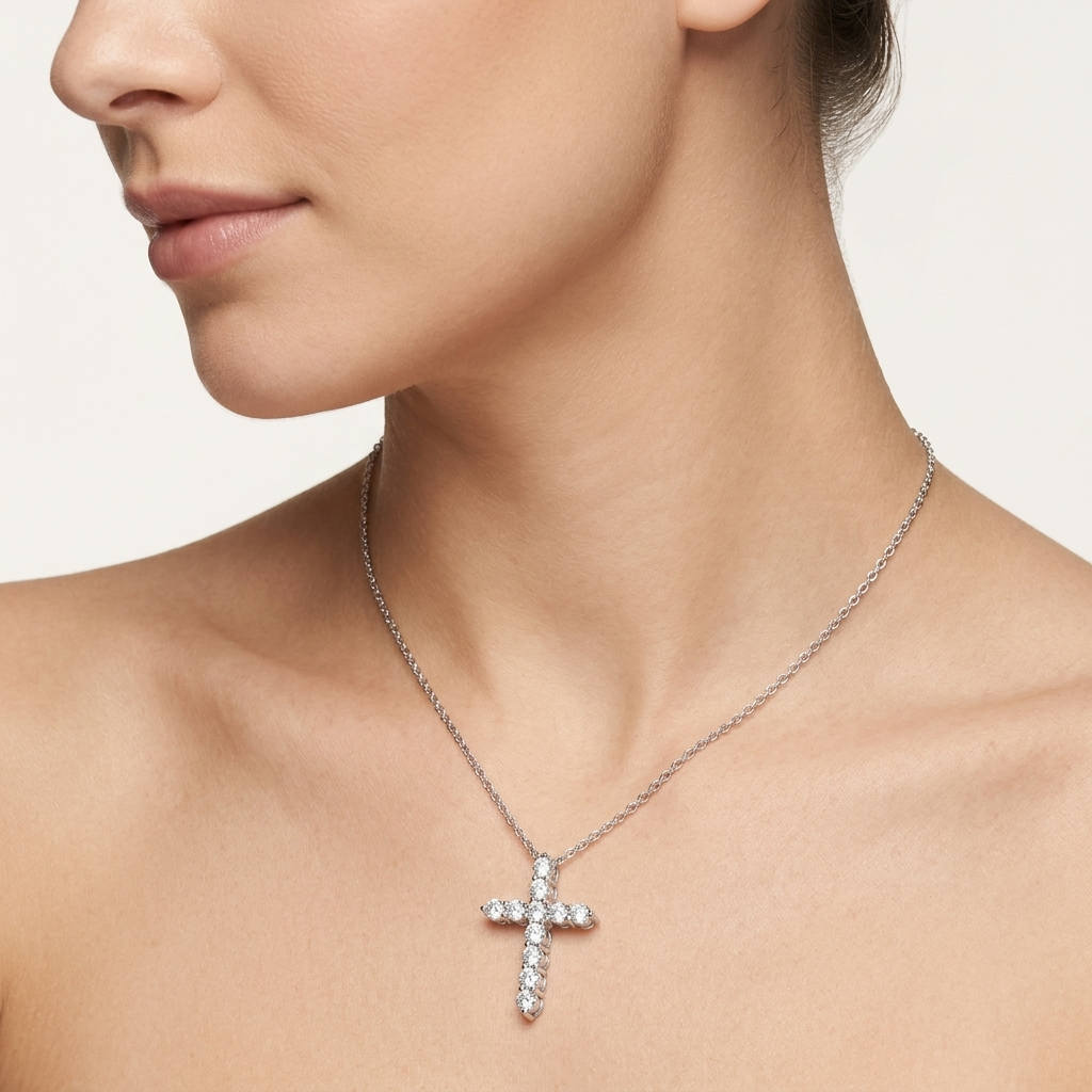 lab grown diamond cross pendant necklace, classic shared prong cross