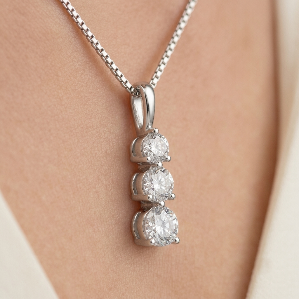 lab grown three stone diamond drop pendant necklace