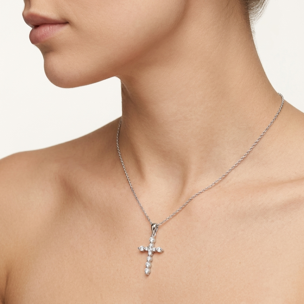 lab grown diamond petite cross pendant necklace, minimalist prong set cross