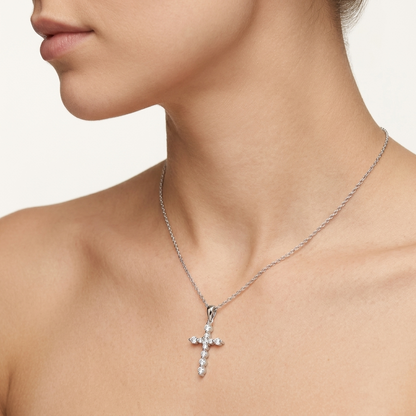 Lab Grown Diamond Petite Cross Pendant Necklace, Minimalist Prong Set Cross