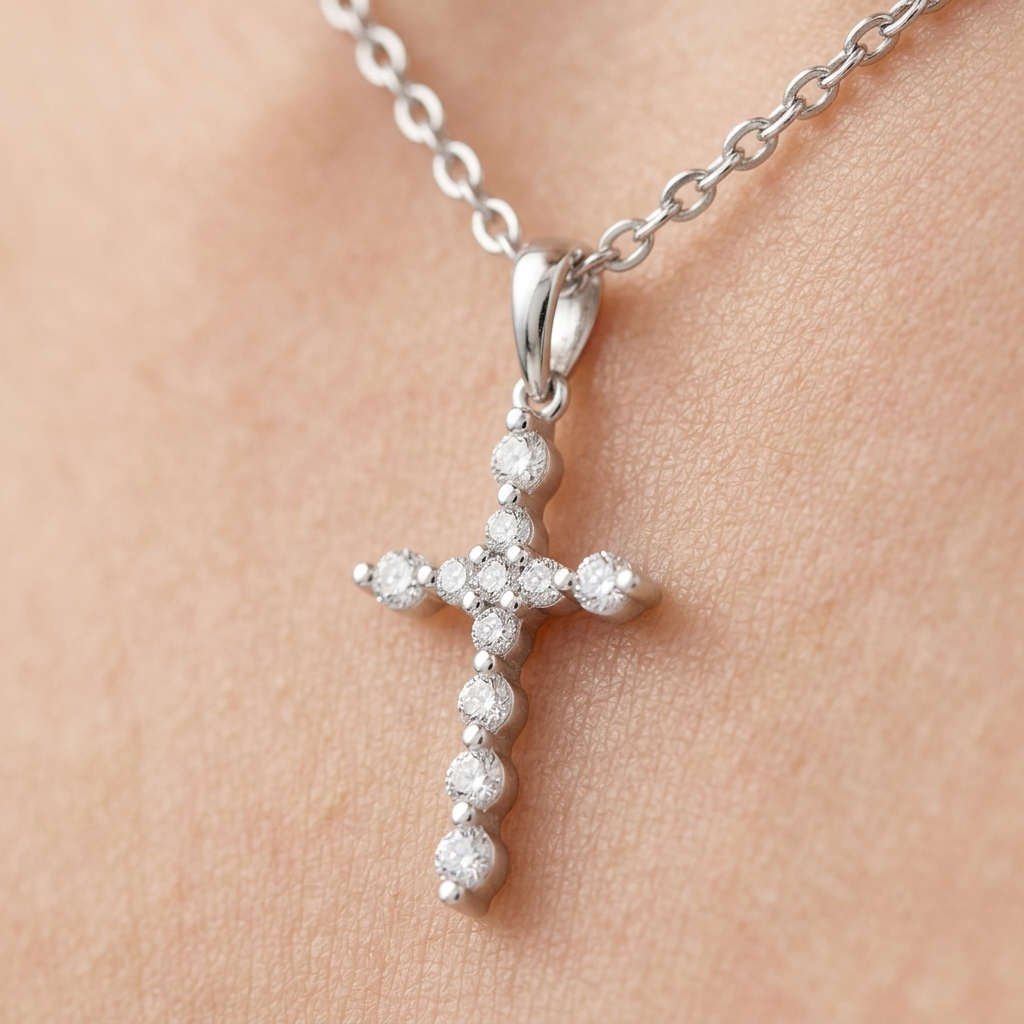 lab grown diamond petite cross pendant necklace, minimalist prong set cross