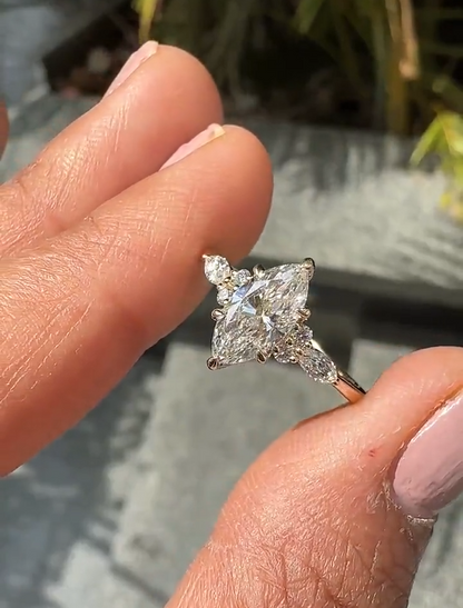 Marquise Cut Diamond Engagement Ring with Cluster and Marquise Side Accents